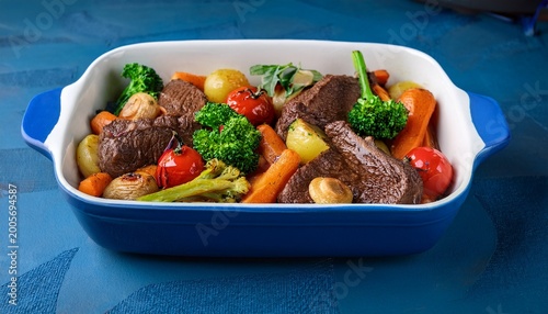 indigo colored baking dish in a baking dish cooked seasonal vegetables and beef meat balanced delicious lunch baked vegetables with meat