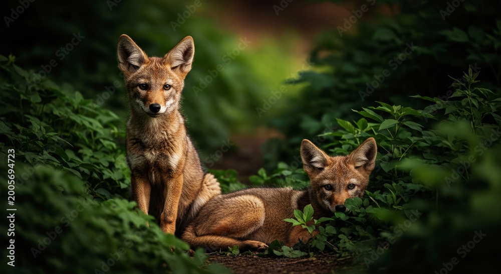 Obraz premium Two young coyotes resting in lush green foliage on a forest floor animal wild