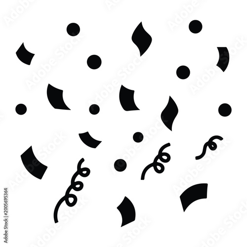 Black confetti and streamers on white background party