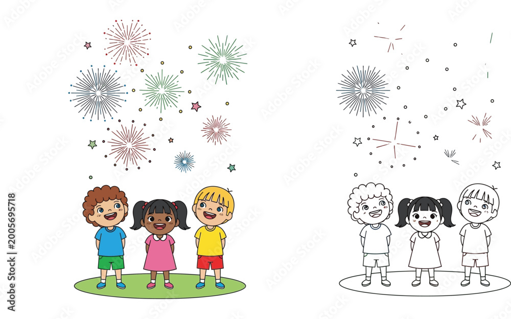 Fototapeta premium Diverse Children Watching Fireworks Display Cartoon Illustration and Black and White Line Art Coloring Page for Kids Education Celebration and Holiday Activities