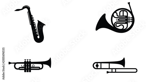 Four black musical instrument silhouettes on white background