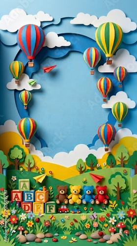 Happy Childrens Day Banner with Layered Paper Toys and Balloons