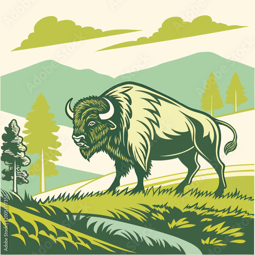 Green bison standing on grassy hill with trees and mountains american bison buffalo landscape