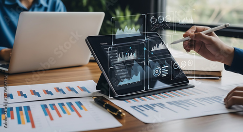 Digital dashboard on a tablet displaying financial data and analytics with a stylus in hand