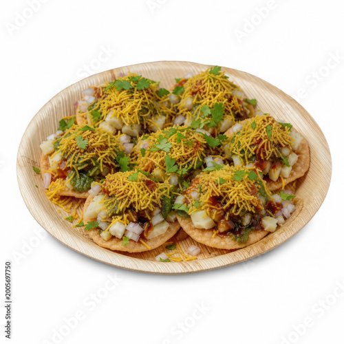 Sev Puri on Bamboo Plate Isolated on White Background Square Composition Studio Shot