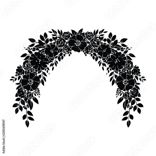 Black floral arch, silhouette of flowers and leaves on white background