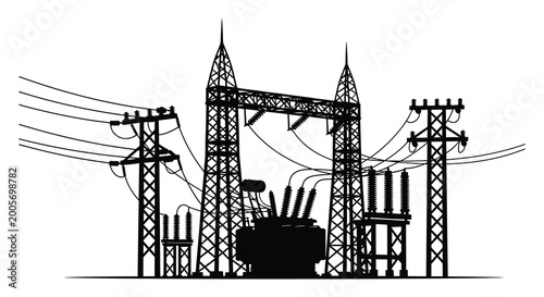 electric power station with transmission lines silhouette high quality professional detailed modern elegant stylish clean crisp vibrant colorful