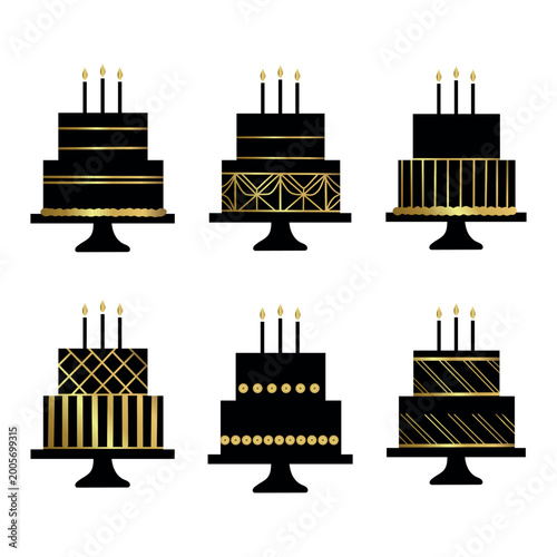 Elegant black and gold birthday cake vector set featuring six luxury two-tier designs with candles, geometric patterns, and modern celebration styling.
