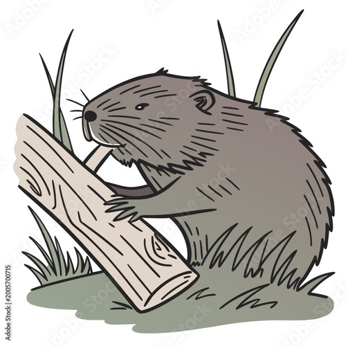 Konstfotografi Gray beaver gnawing on a log in grass on a white background wood teeth