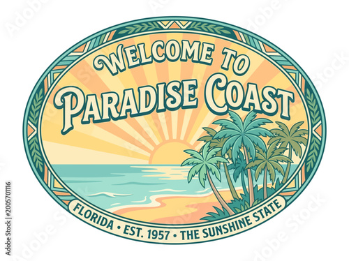 Retro Florida Beach Welcome Sign with Tropical Palm Trees and Sunny Coastal Landscape Illustration for Travel and Vacation
