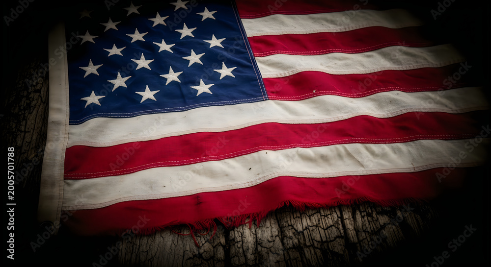 Obraz premium Tattered American flag on dark background