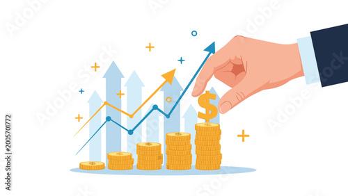 Businessman hand placing a dollar coin on top of stacks next to a rising growth chart representing savings, investment, and wealth building.