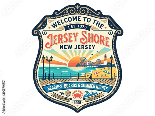 Vintage-style welcome sign for a lively coastal beach destination, featuring a boardwalk, amusement park, and sunset.