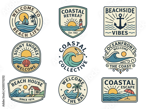 Vintage graphic badges illustrating coastal life, beach scenes, and oceanfront views for summer seaside travel.