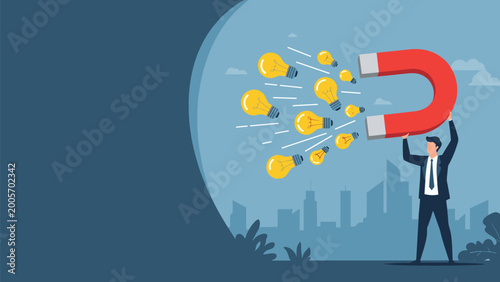 Innovative businessman using a large red horseshoe magnet to attract many bright yellow lightbulbs representing the collection of new ideas.