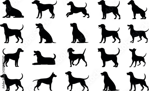 Minimalist vector illustration of dog silhouettes in varied poses, modern pet icon symbolizing loyalty, companionship, playfulness, movement