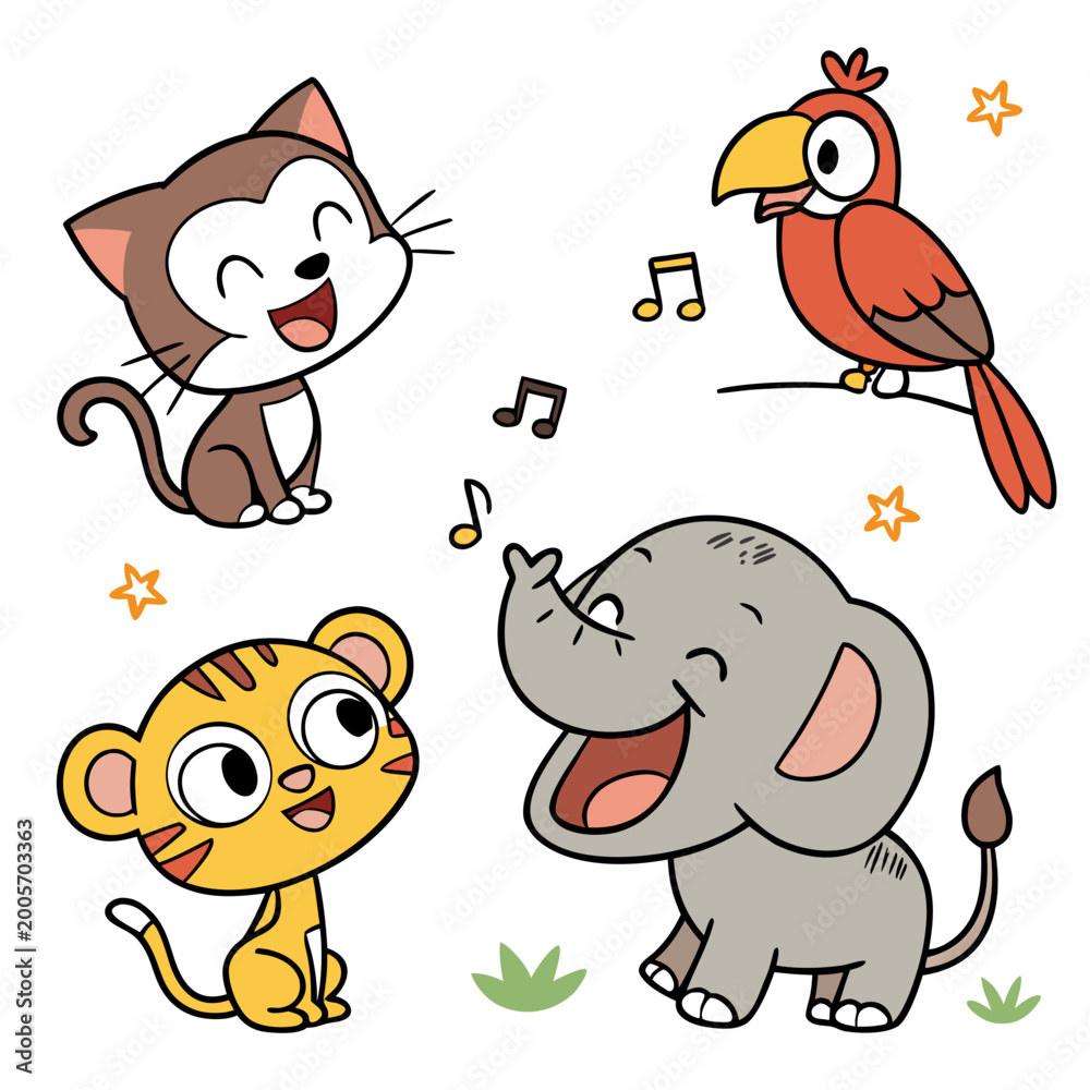 Naklejka premium Group of singing animals with music notes cartoon