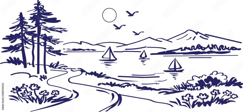 Fototapeta premium Hand-drawn lake landscape with sailboats, mountains, and pine trees doodle. Minimalist nature scene sketch with sunset, birds, and sailboats on water 