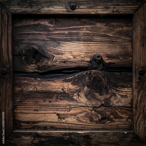 Close-up of aged, weathered planks joined by a dark wooden border. The boards show natural grain and knots. Metal bolts affix the wood