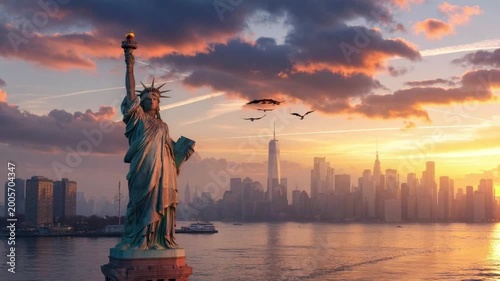 Statue of Liberty at Sunset with New York City Skyline and Birds Flying, Cinematic Aerial View of Manhattan
