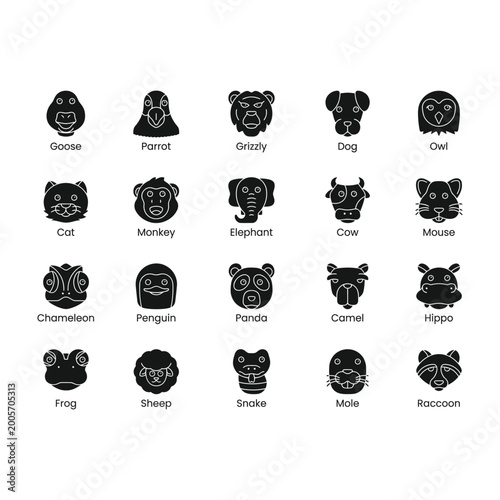Photography Black silhouettes of various wild and domestic animal heads with labels  goose p