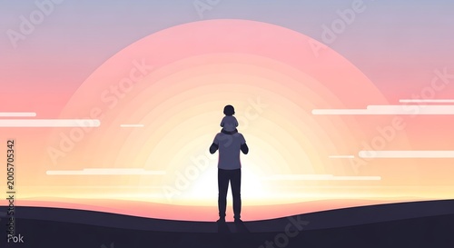 Father and child silhouetted against a vibrant sunset landscape