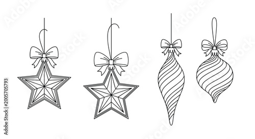 Collection of four hanging christmas ornaments including stars and teardrop shapes decorated with elegant ribbon bows.