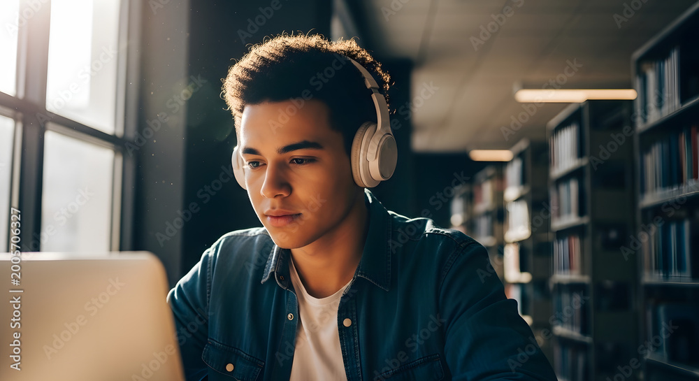 Fototapeta premium Focused young man wearing headphones concentrating on his laptop screen while studying or working in a well lit library with bookshelves in the background bathed in natural
