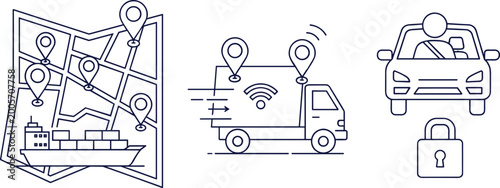 Fotografía Logistics delivery tracking system with GPS map, smart transport vehicle, securi