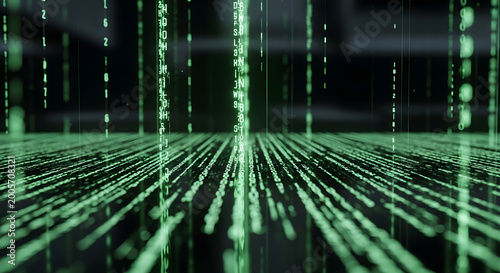 Abstract digital rain of glowing green binary code cascading down in vertical streams across a futuristic dark and high tech background representing data flow and cyberspace