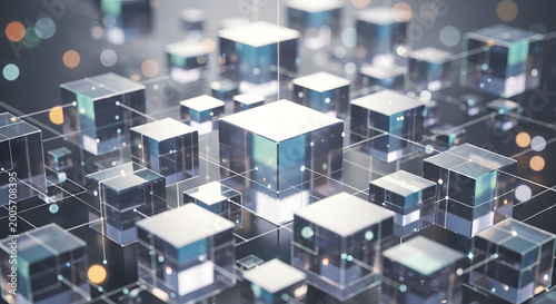Abstract digital network visualization with glowing cubes and connecting lines representing data flow technology and global connectivity in a futuristic high tech environment
