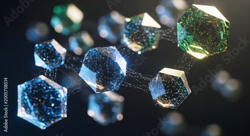 Abstract network of glowing faceted geometric crystals connected by luminous threads symbolizing data technology science and interconnectedness in a dark futuristic digital space