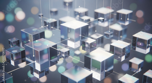Abstract geometric network of interconnected transparent cubes with glowing bokeh lights in a futuristic digital data concept representing connection and technology