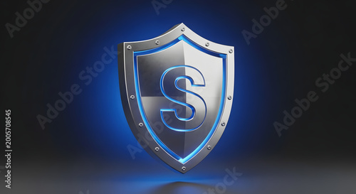 Metallic s shaped shield emblem with glowing blue light outline and reflective surface symbolizing protection security and strength against a dark gradient background