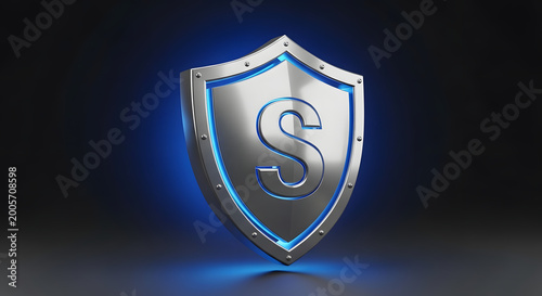 Metallic shield symbol with glowing blue outline and letter s engraved representing security protection safety trust and strength against dark background