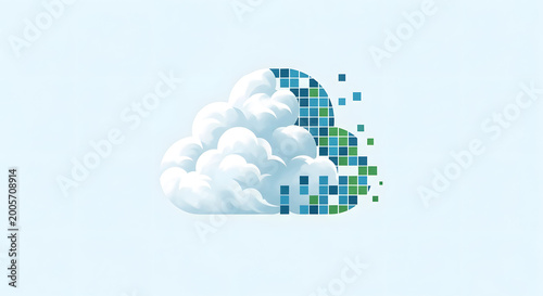 Digital cloud transformation concept with fluffy white cumulus cloud merging into pixelated mosaic of blue and green squares against a light blue gradient background