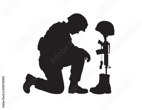 Canvas-taulu Solemn military tribute silhouette, fallen soldier memorial, kneeling army veteran honoring comrades, vector graphic for remembrance and patriotic designs