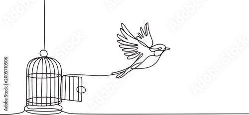 Schilderij op canvas bird released from birdcage continuous one line drawing, Bird released from birdcage in continuous line art drawing style