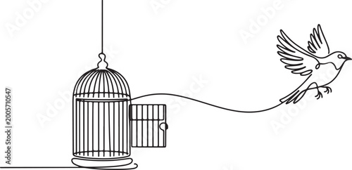 Photos bird released from birdcage continuous one line drawing, Bird released from birdcage in continuous line art drawing style