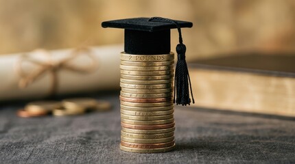 Stack of coins topped with graduation cap symbolizing education costs and investment