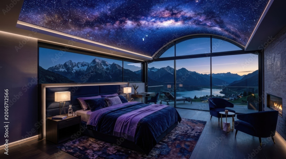 Fototapeta premium Luxury bedroom with stunning mountain and lake view under a starry sky ceiling