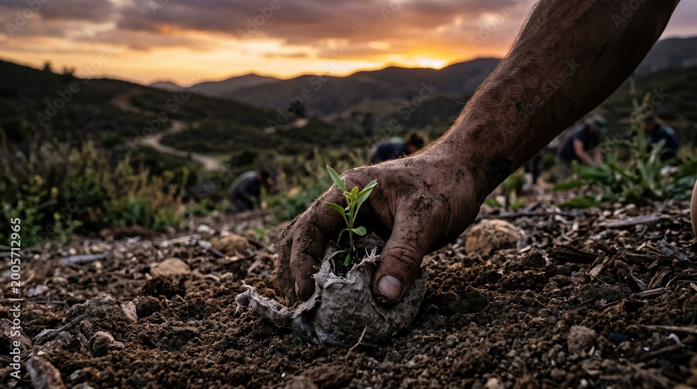Fototapeta premium Man planting seedling in dark earth at sunset on rolling hills