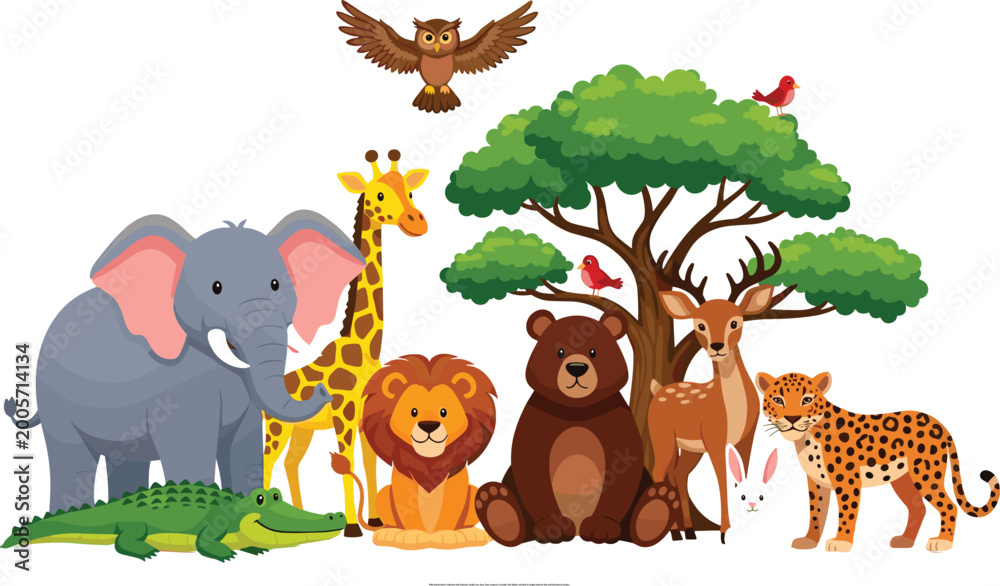 Fototapeta premium Wild Animal Vector Collection with Elephant, Giraffe, Lion, Bear, Deer, Leopard, Crocodile, Owl, Rabbit, and Birds in Jungle Scene for Kids and Educational Designs