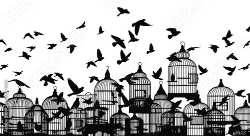 Schilderij op canvas Birdcage silhouettes collection black vector illustration on white background