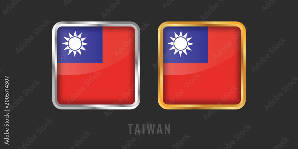Obraz premium Premium square gold and silver labels with the Taiwan flag. Professional Taiwanese emblems for local products, exports, and manufacturing origin certification. Asian icons.