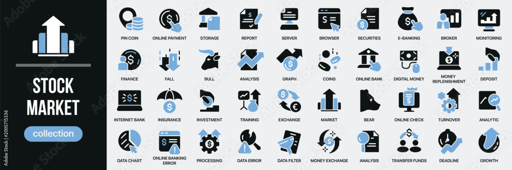 Fototapeta premium Stock market fill icon collection. Includes trade, chart, statistics, growth, risk, analysis, and exchange icons. Created in colored style with blue palette