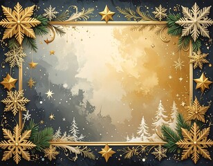 Festive holiday frame with gold and white snowflakes, stars, and evergreen branches on a dark blue and gold background