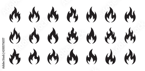 Set of black flame icons isolated on white background for fire and heat related concepts.