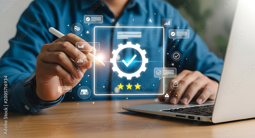 Fototapeta premium Professional evaluating quality control and service optimization through an interactive digital interface, enhancing customer satisfaction and business performance