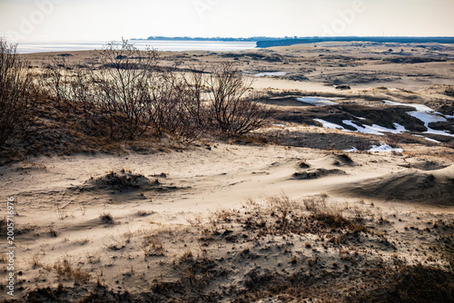 Fotografie Winter landscape of sand dunes on the Curonian Spit near the frozen sea coast